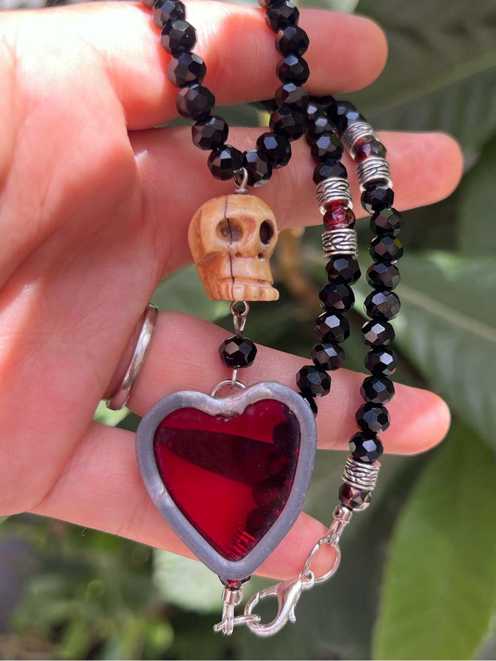 Handcrafted Black Crystal Bead Necklace with Red Steampunk Heart Pendant & Skull - Picture 3 of 12